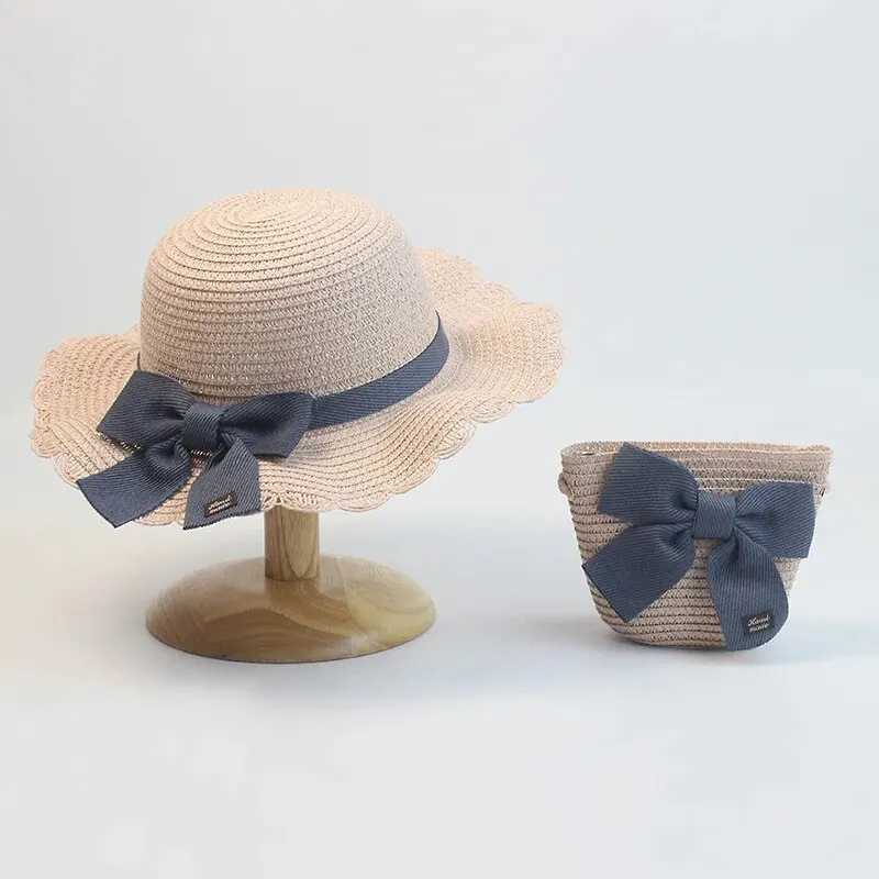 Children Straw Hat and Shoulder Bag Girls Summer Outdoor Beach Cap Cute Bow Travel Beach Sun Hat Crossbody BagC250411