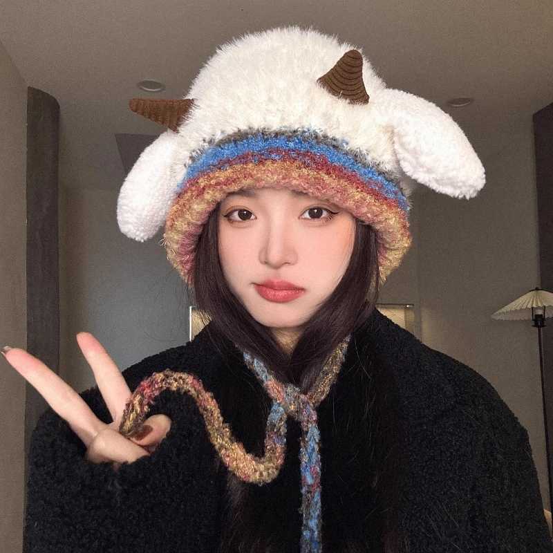 Adorable Lamb Plush Hat with Squeaky Ears Korean Soft Warm Winter Cap for Sweet Women Christmas Birthday Gifts Fur Yarn BeanieXJ251101