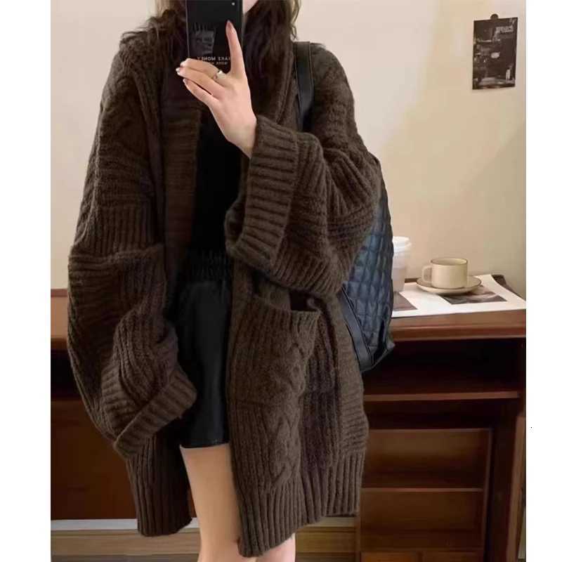 New Loose Womens Knitted Cardigan Casual Solid Color Sweater Medium Length Thick Elegant Loose Coat with PocketsT251101