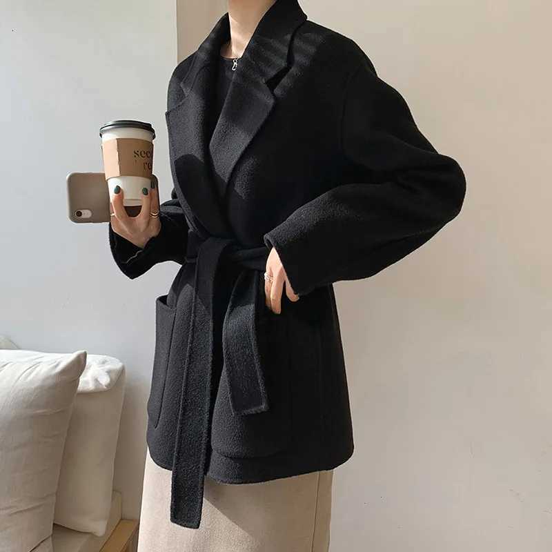 2021 Autumn Korean Double Sided Black Short 100 Wool Coat Womens Loose Lacing Belt Red Woolen OvercoatT251101