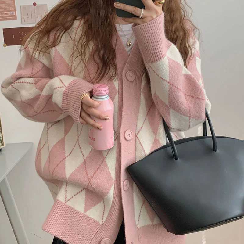 Cardigan Women Knitted Sweater Argyle Loose Sweater Single Breasted Student Lovely Knitwear Korean Oversize Cardigan Winter TopsT251101