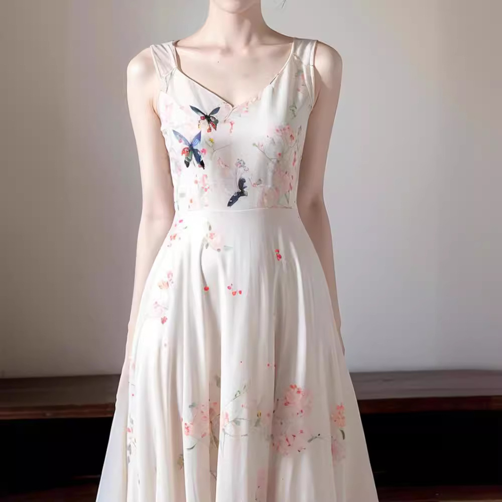 X3145 High quality popular beautiful butterfly element floral dress female summer new style white Qianjin style