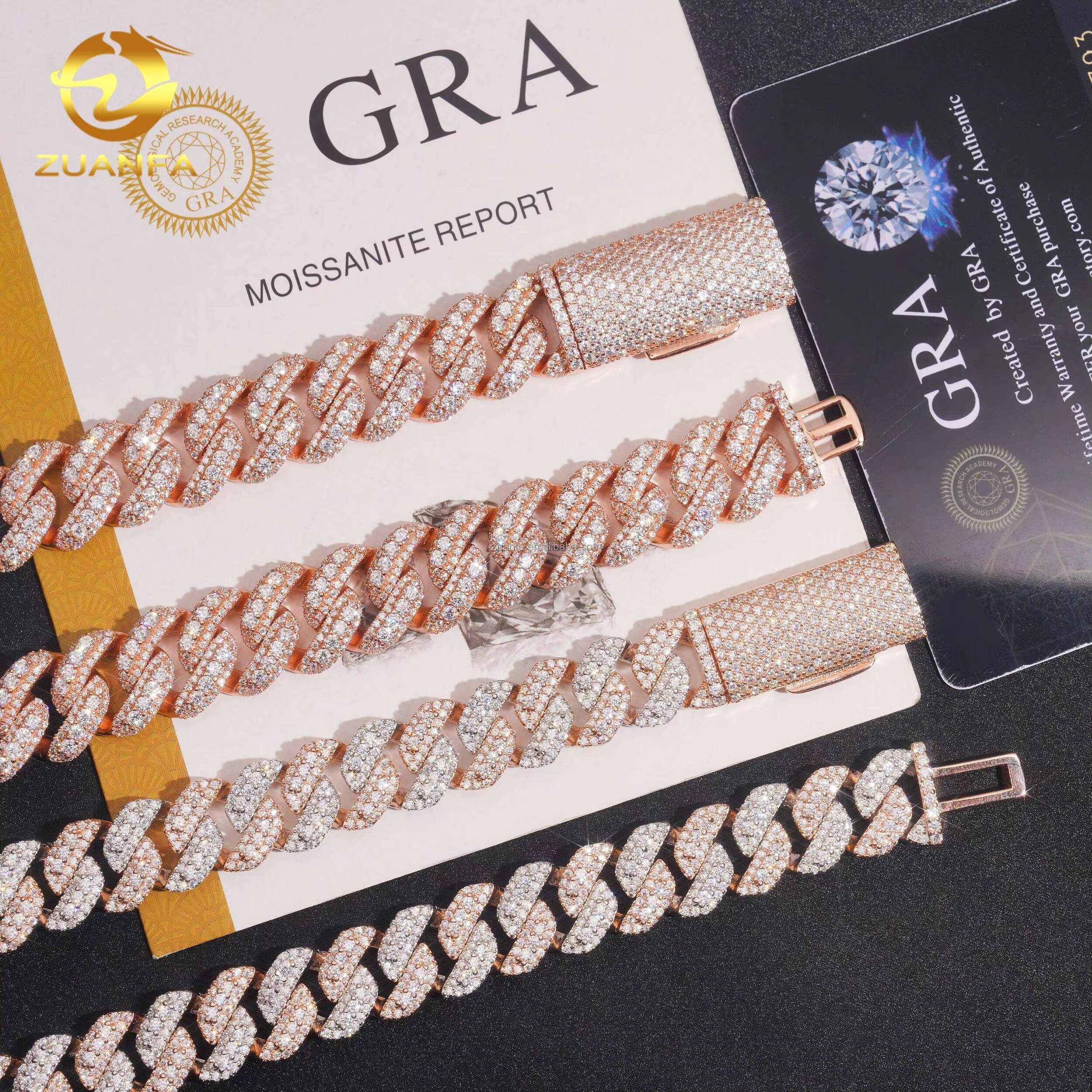 13mm 15mm Three Rows Unique Popular Design Iced Out Hip Hop Flawless S925 Sterling Silver Moissanite Diamond Cuban Link Chain