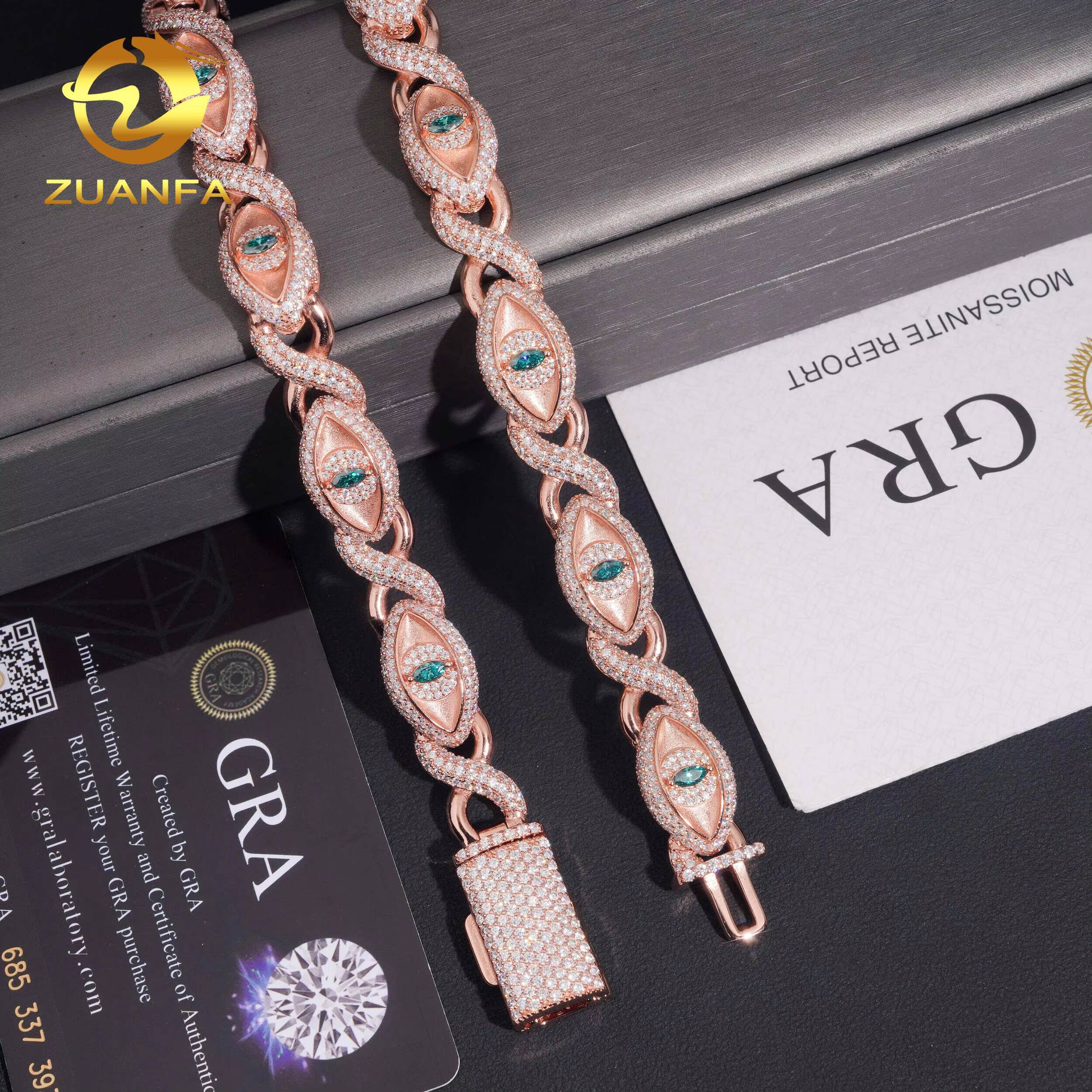 Hip Hop Jewelry 12mm Eyes Shape VVS Moissanite Cuban Link Bracelet 925 Silver Moissanite Iced Out Bracelet for Men