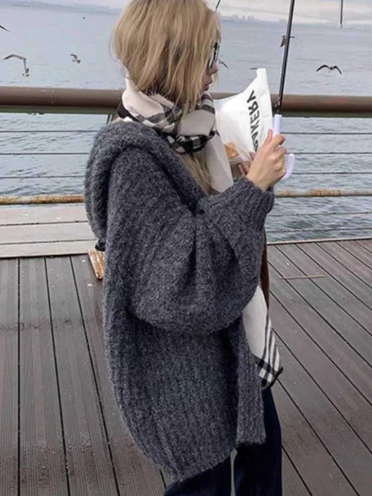 Fashion New Womens Loose Long Sleeve Elegant Cardigan Sweater Hooded Lantern Sleeve Solid Color Knitted Casual TopT251101