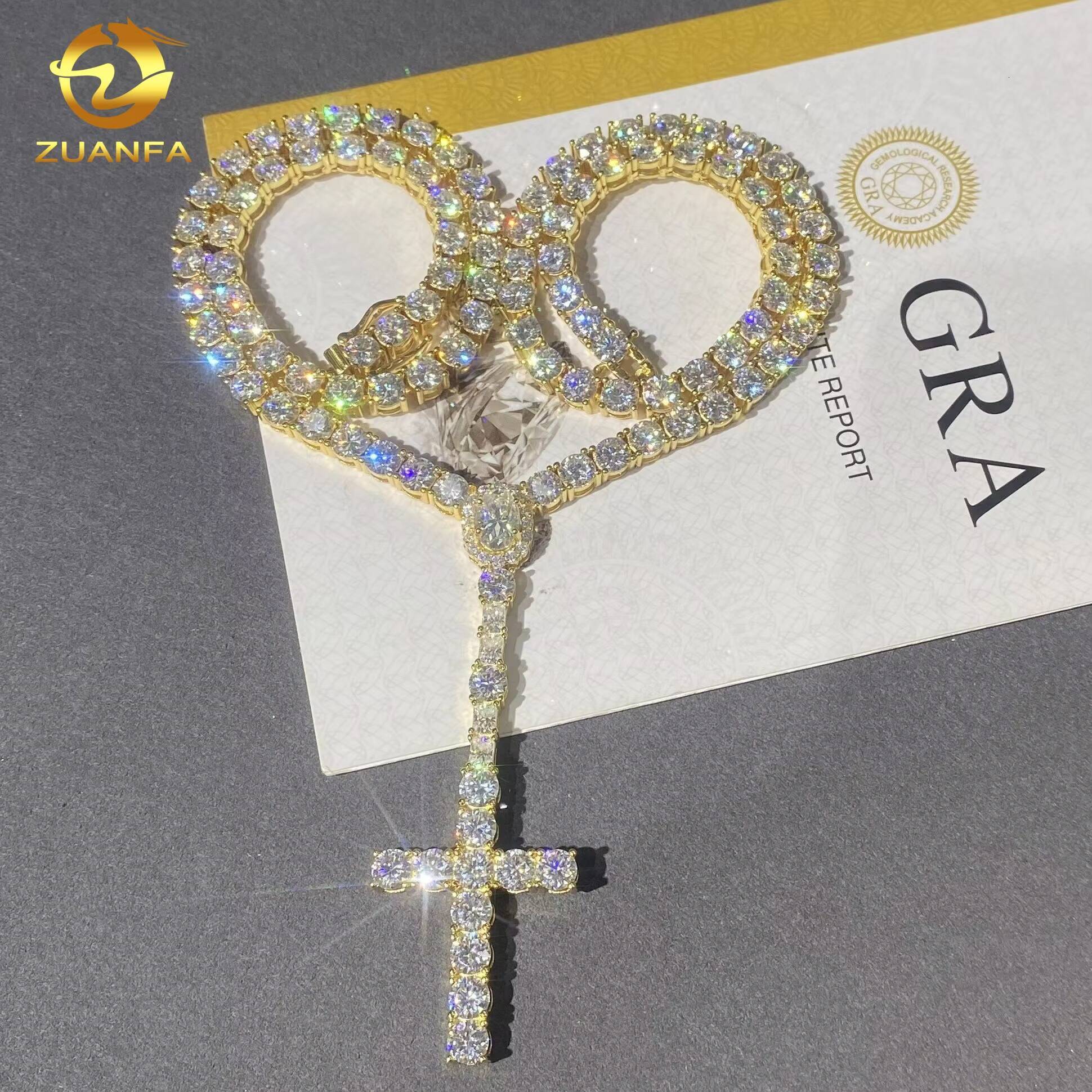 5mm VVS D Moissanite Diamond Fine Hip Hop Jewelry 925 Silver Iced Out Oval Cut Diamond Cross Pendant Tennis Chain Necklace