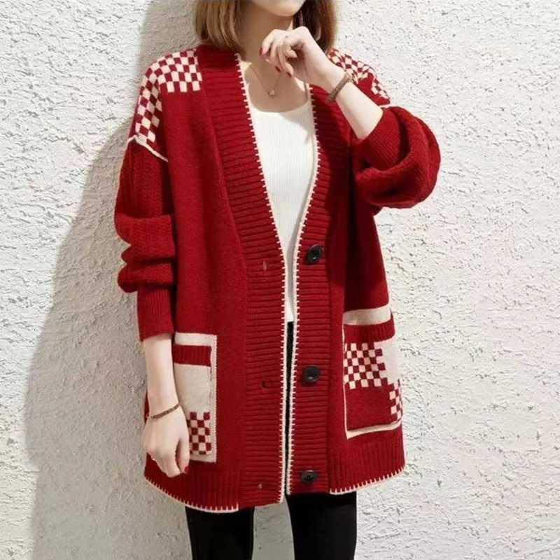Autumn Winter Elegant Women Sweater Jackets Vneck Knitted Cardigan Long Sleeve Printed Casual Loose Coats Outwear ClothingT251101