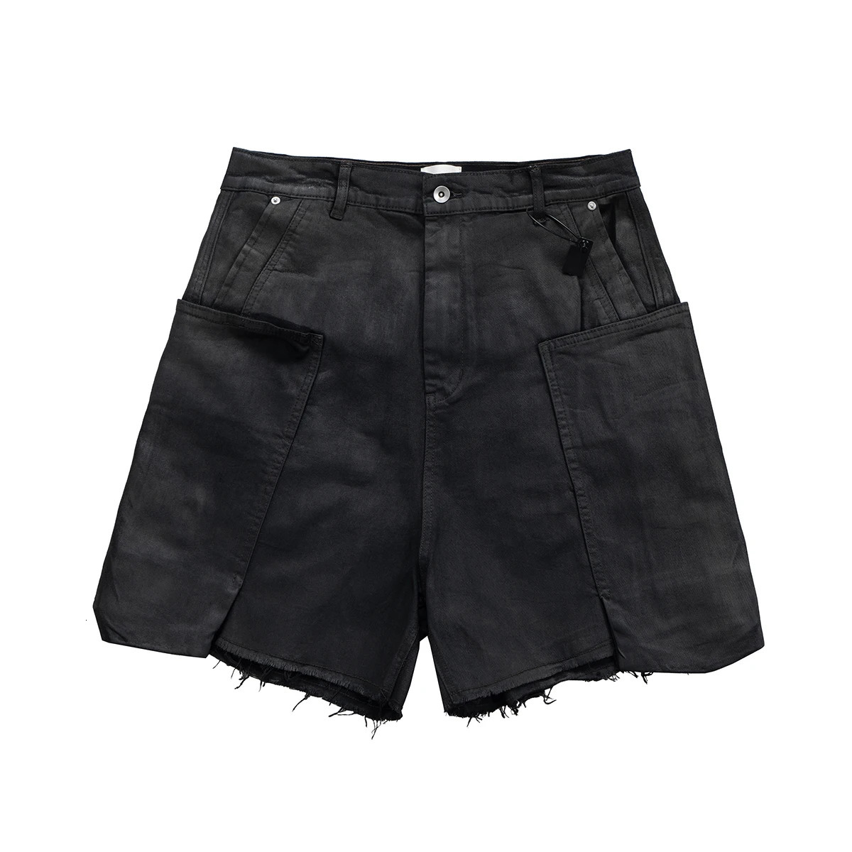 summer brush wax coated denim shorts with thick edges mens retro style black wornout pocket jeans oversized loose 250327
