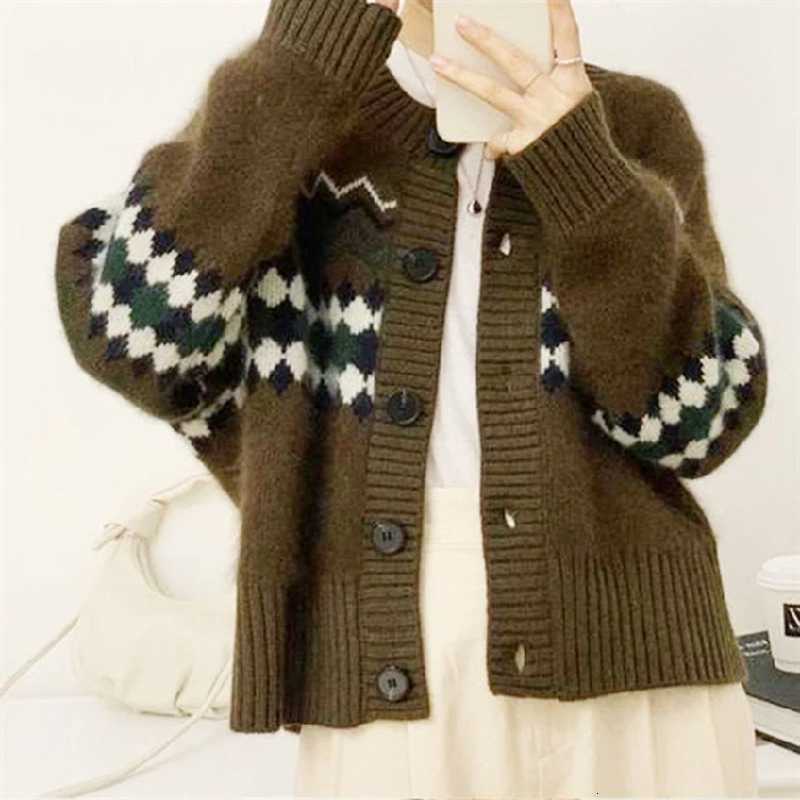 Crew Neck Printed Cardigan Sweater Women Autumn Winter New Knitted Long Sleeve Casual Coat Elegant Fall Korean Style KnitwearT251101