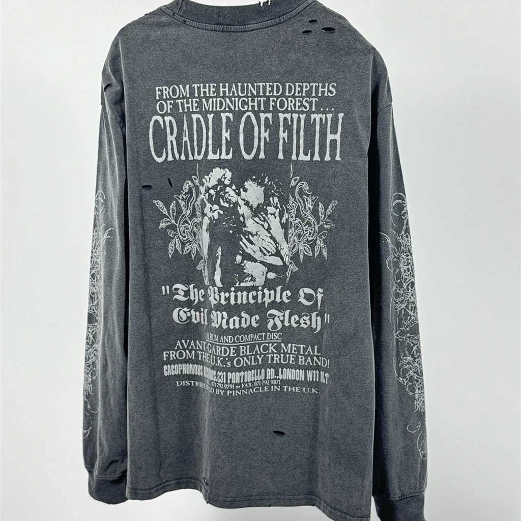 SAINT OF MICHAEL American Style Fashion Streetwear Vintage Hole Long Sleeves Tee Loose Oversized Tops 100Cotton T Shirt Men L251031