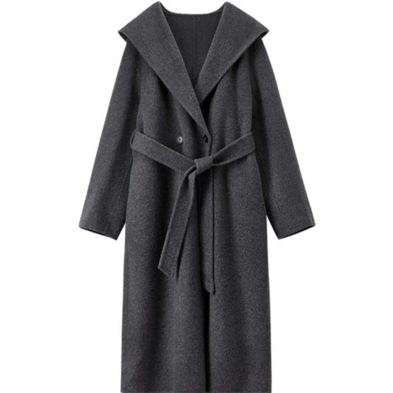 SENTUBILA Women 100 Wool Double Faced Coat 2025 Winter Hooded Long Bathrobe Style Coat Warm Dropped Shoulder Overcoat W54OC2736T251101