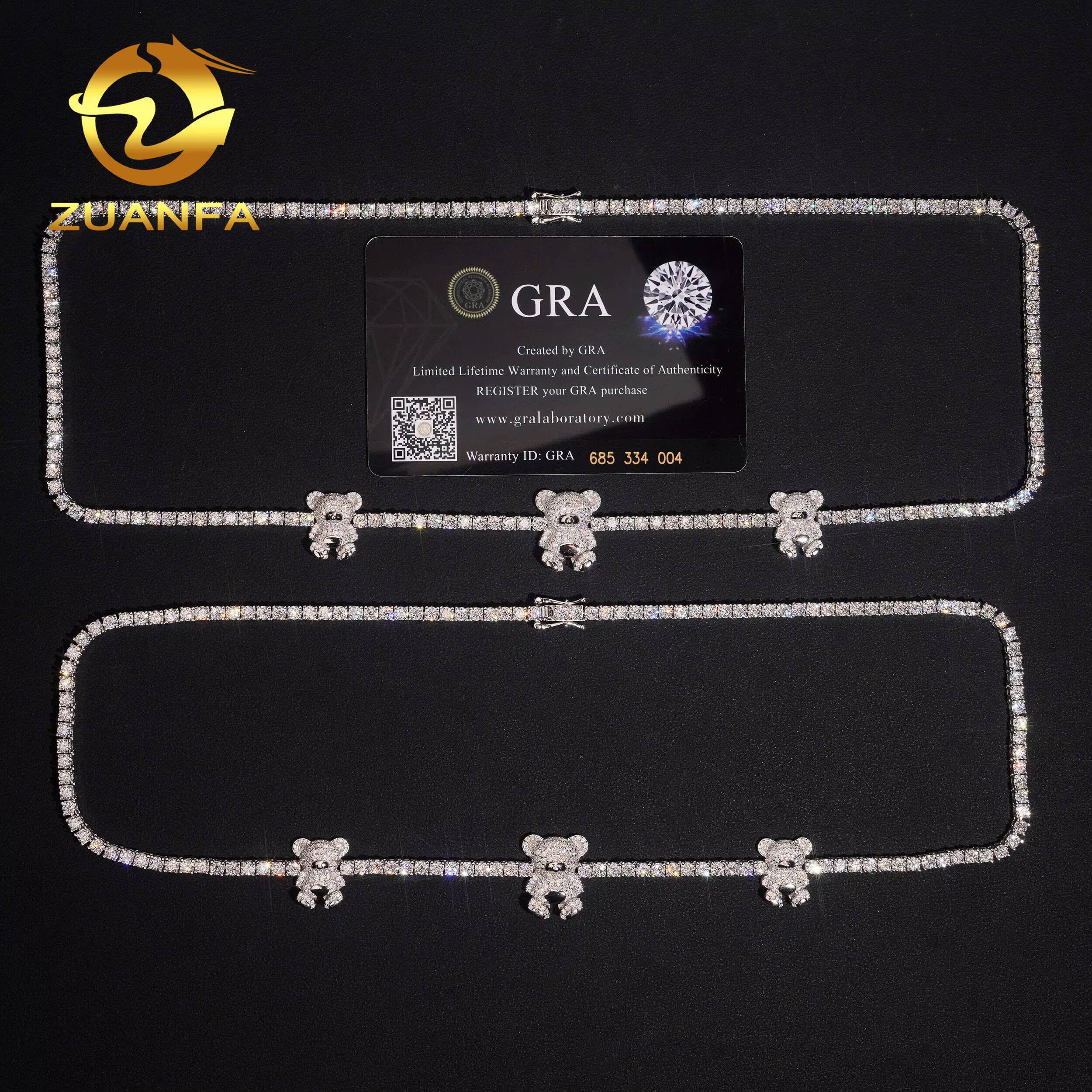 3d Cartoon Bear Charm Necklace Moissanite Tennis Chain Necklace 925 Solid Silver Iced Out Hip Hop Jewelry