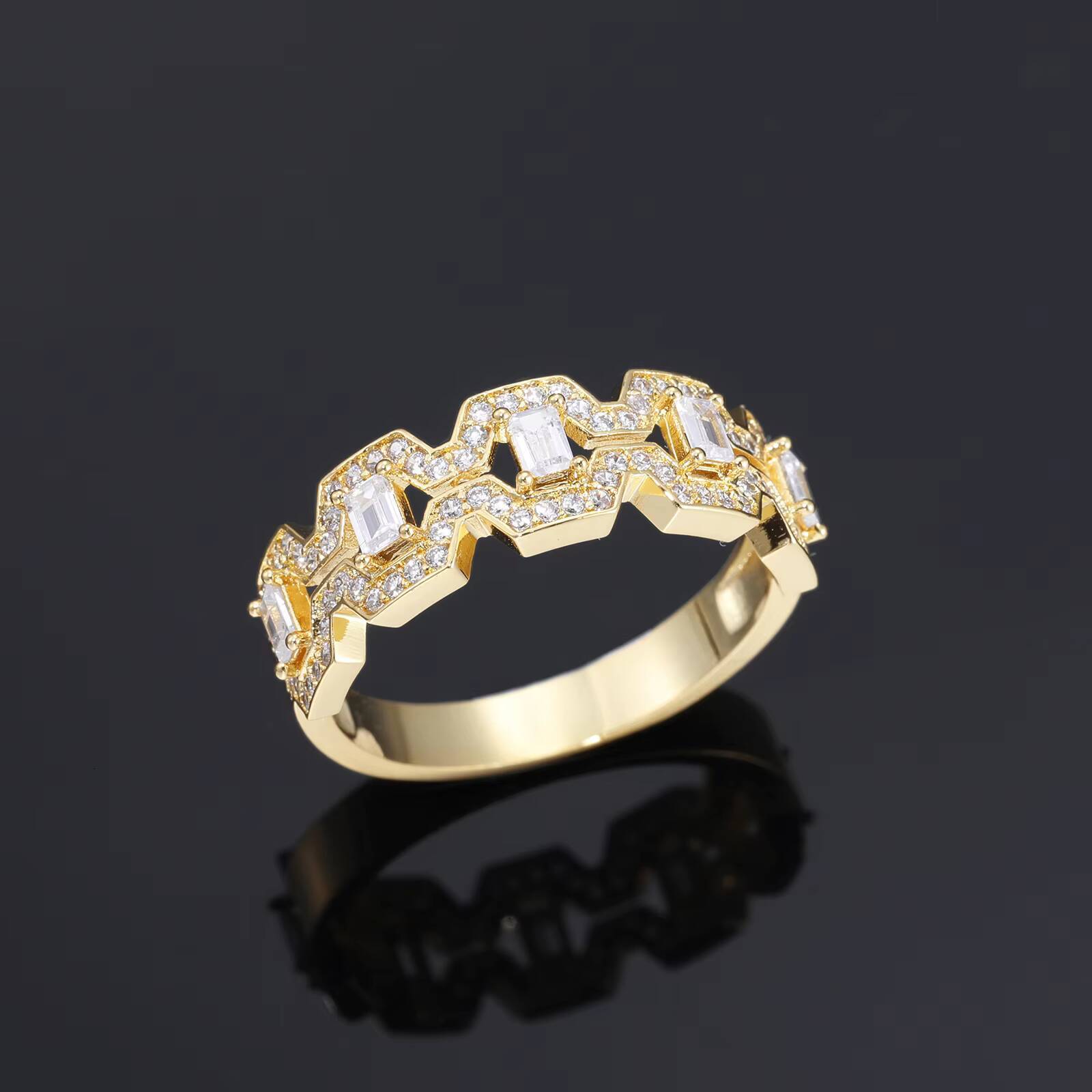 Factory Wholesale Price Bling Hip Hop Jewelry 18k Gold Plated Brass AAAAA Baguette CZ Diamond Wedding Ring for Men