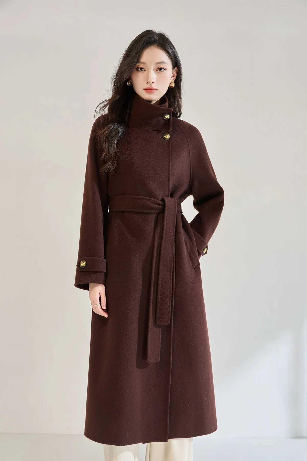 Office Lady Elegant Fashion Woolen Jackets 2025 Autumn And Winter Stand Collar LaceUp Loose Womens 100 Wool Long CoatsT251101