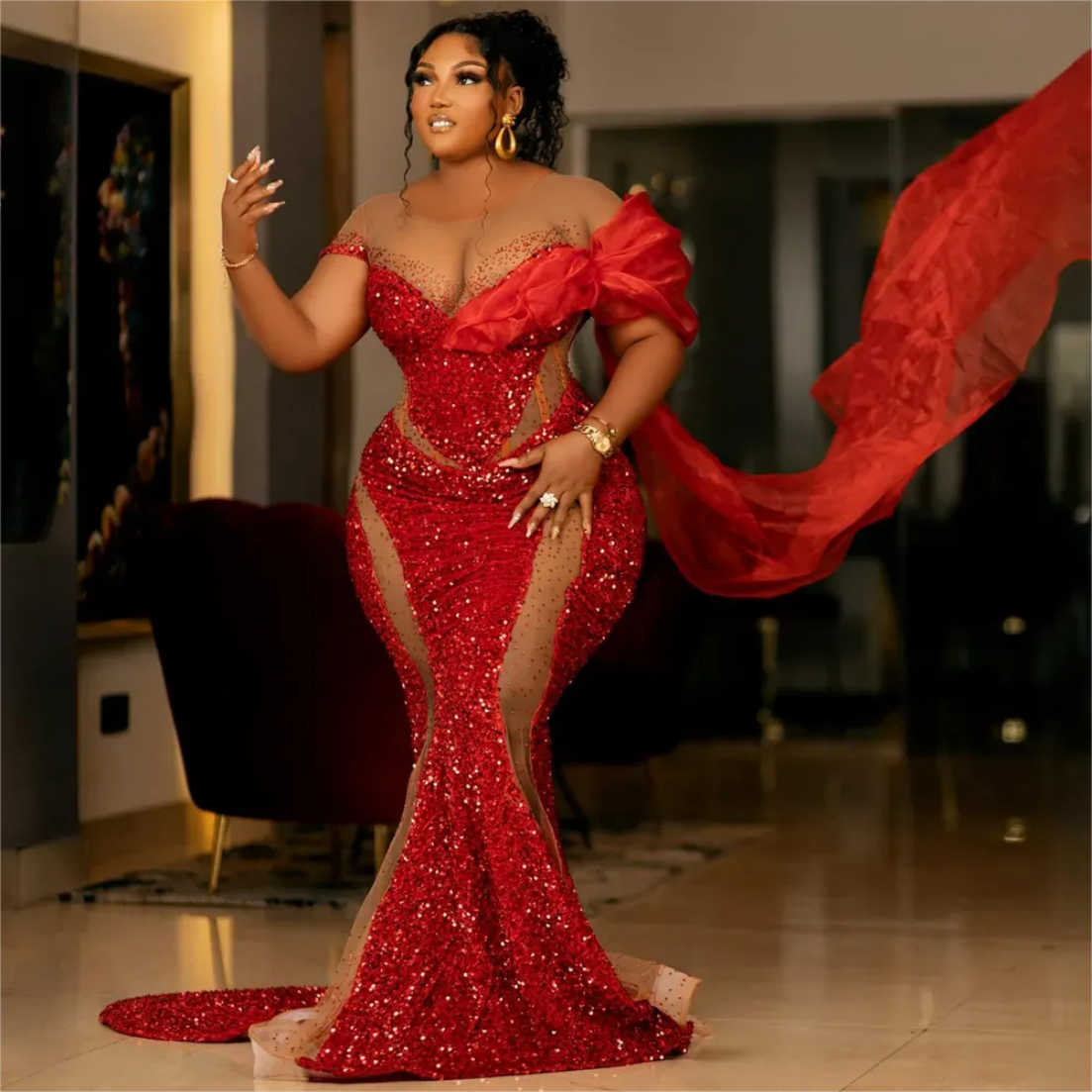 Prom Dresses Plus Size Red Mermaid Sparkling Sequins Lace Short Sleeves Formal Evening Dresses Birthday Party Dress Engagement Gowns Vestido De Sorrie