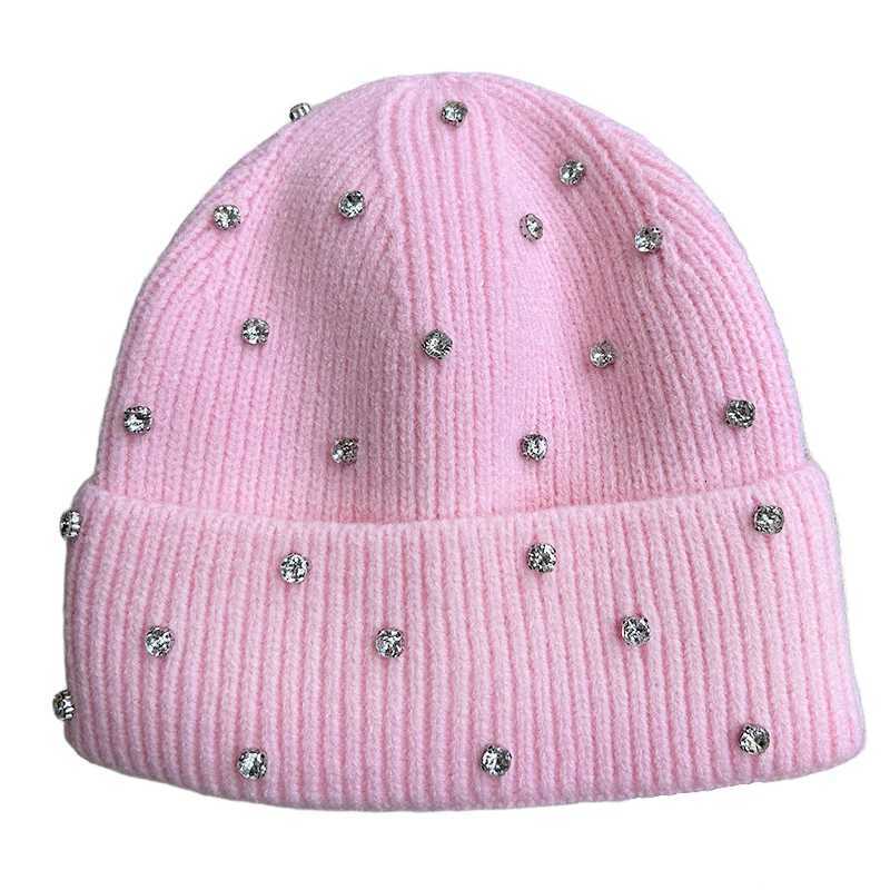 Womens Knit Beanie Winter Hat with Rhinestones Stylish Solid Color Warm Fleece Lined Cap for Cold WeatherXJ251101