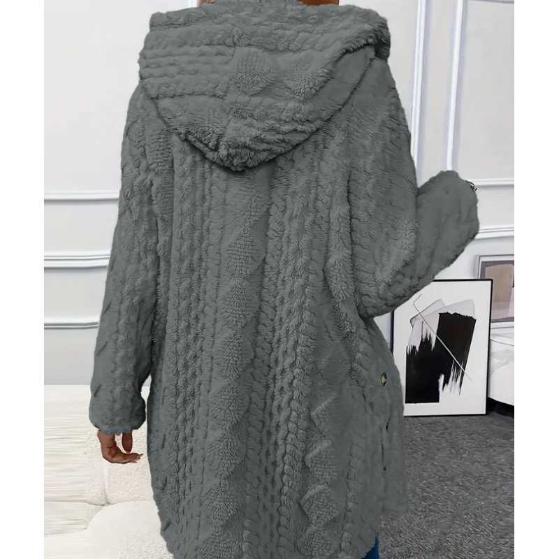 Autumnwinter Cardigan Plush Jacket Single Breasted Hooded Sweater Jacket Elegant Solid Medium Long Sweater Jacket for WomenT251101