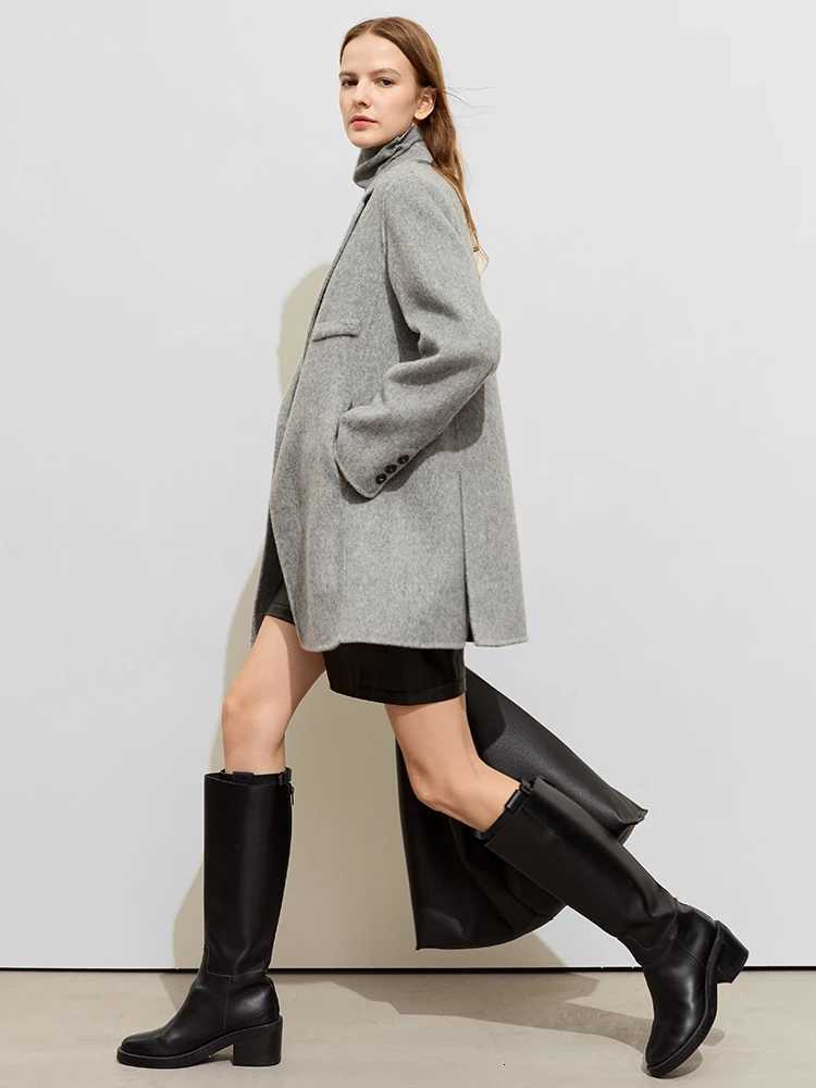 AMII Minimalist Old Money Woolen Coat for Women 2023 Winter Slit Blazer Collar Medium Long Doublesided Tweed Jacket 72324001T251101