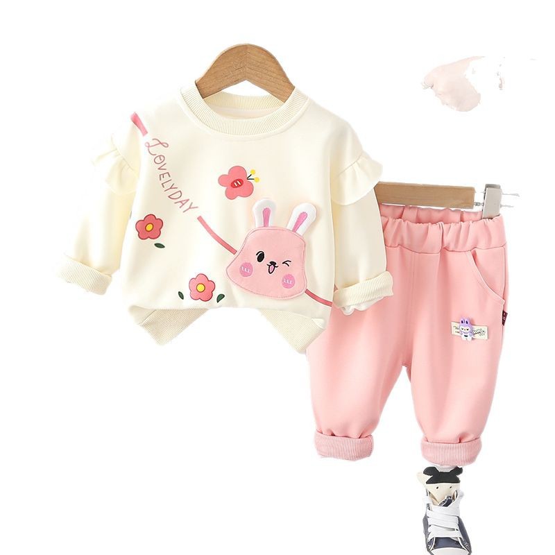 girls clothes 2025 Girls Bunny Hoodie Set 2-Piece Cartoon Print Tracksuit Casual Sports Style Comfortable Spring Fall Outfit