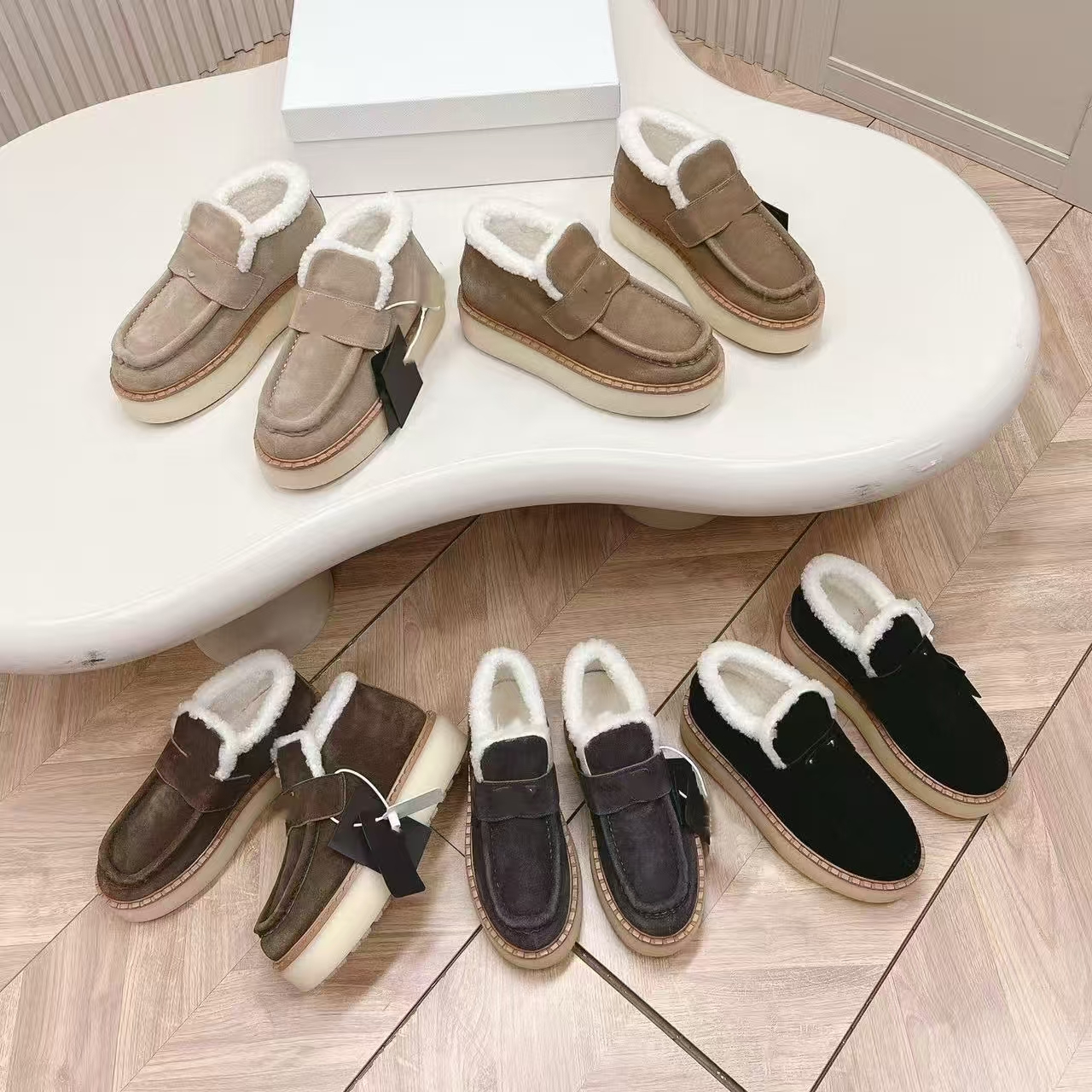 Top quality Suede Winter Warm Wool shoes fur loafers furry fluffy Platform shoes womens shearling slip on shoes Luxury designer fur shoes Factory footwear box