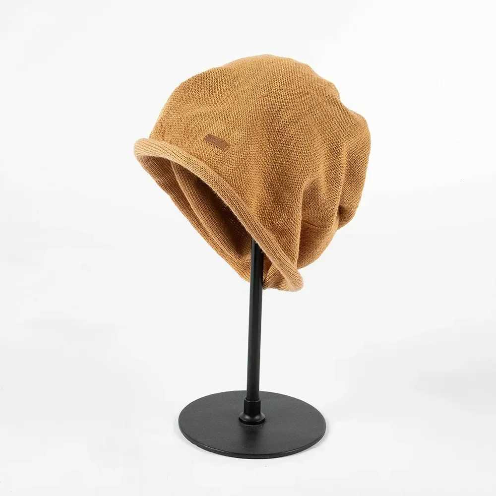 Spring Autumn Women Trendy Breathable Knitted Linen Beanie Hat Leather Patch Solid Stylish Skull Cap NewXJ251101