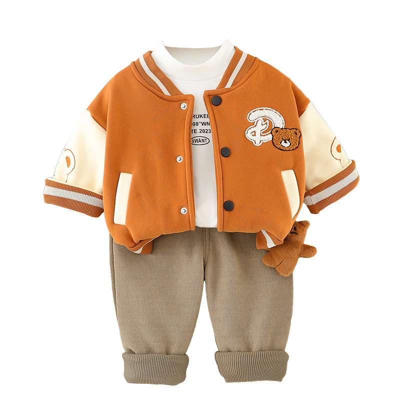 2025 Boys 3-Piece Set Fleece Lined Baseball Jacket Outfit Embroidered Bear Design Winter Thermal Kids Clothes