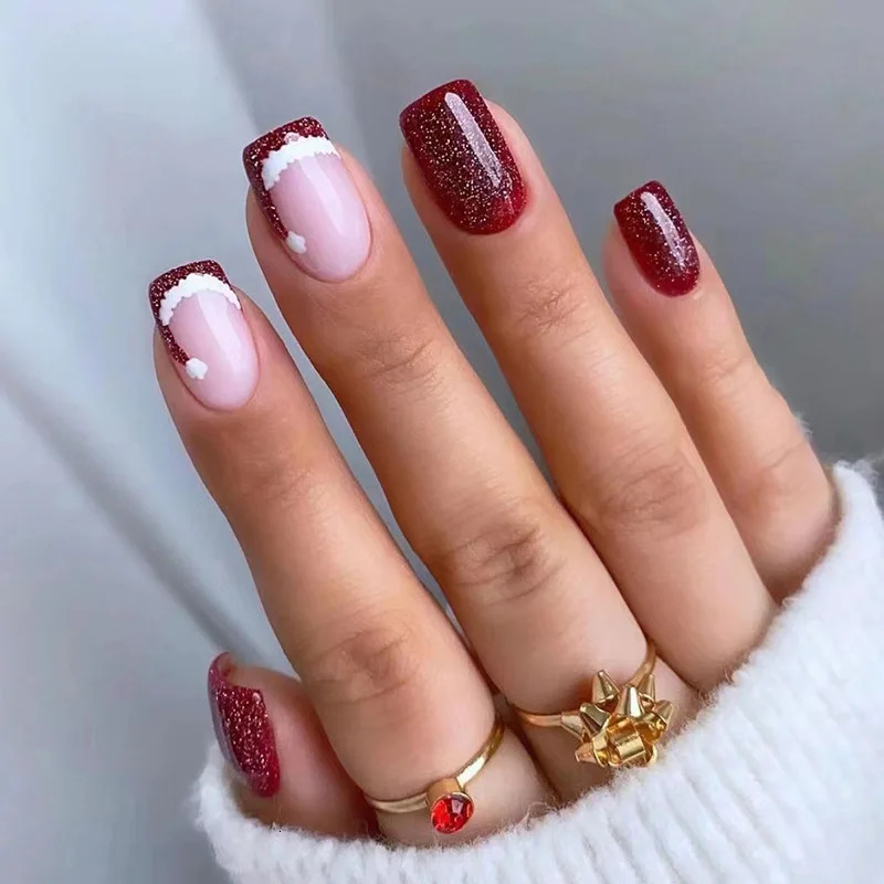 24pcs Short Christmas False Nails Glitter Sequins Snowflake Press on Nails Square Head Artificial Nail Tips Girl Christmas Gifts 251028