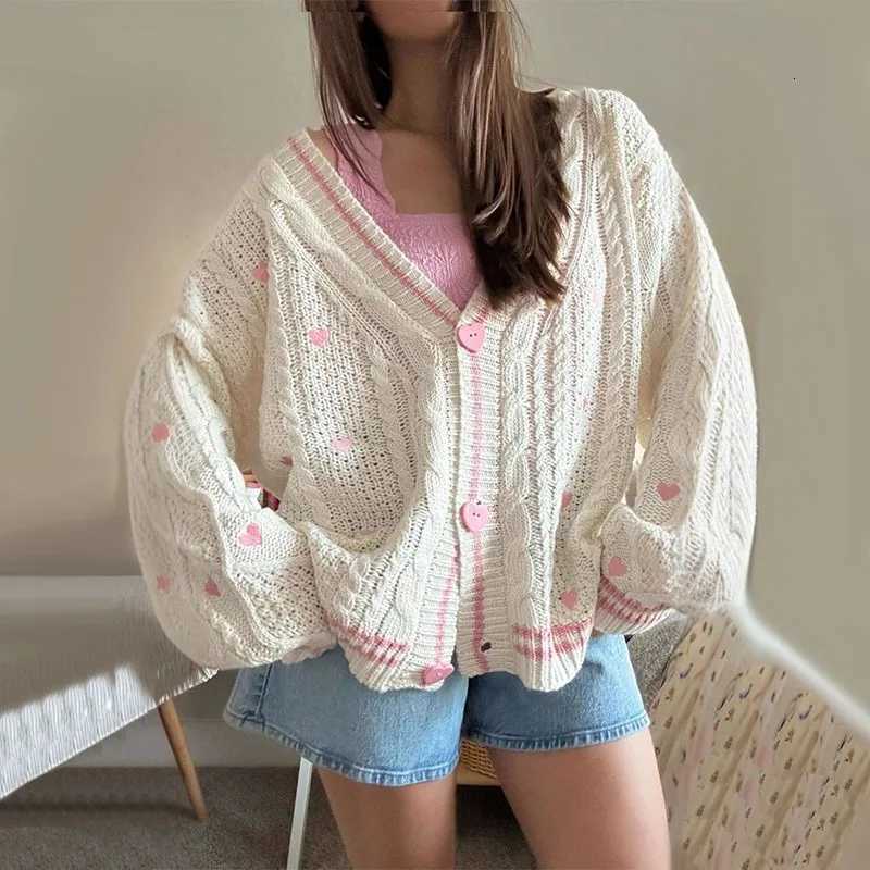 Women Sweaters Cardigan Long Sleeve Vneck Knitted Coats Lady Embroidered Heart Outerwear Autumn Winter Female Chic KnitwearT251101