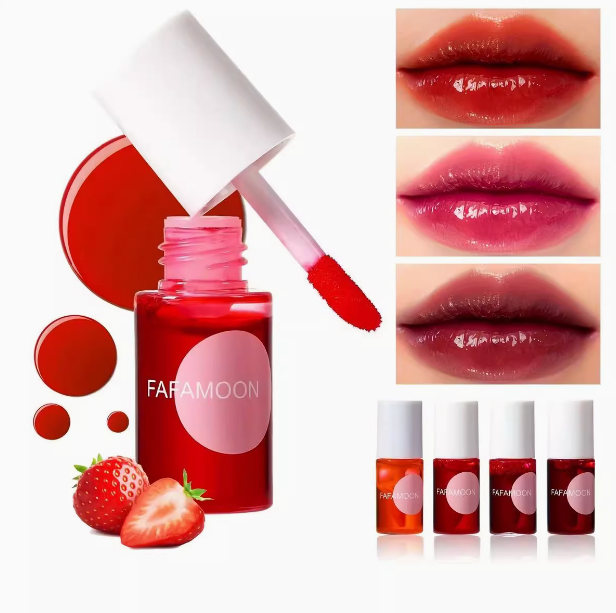 4 Colors Fruit Juice Lip Tint Non-stick Cup Liquid Lipstick Long-Lasting Matte Lip & Cheek Tint Moisturizing Makeup Cherry Juice Lip Gloss Liquid Mirr