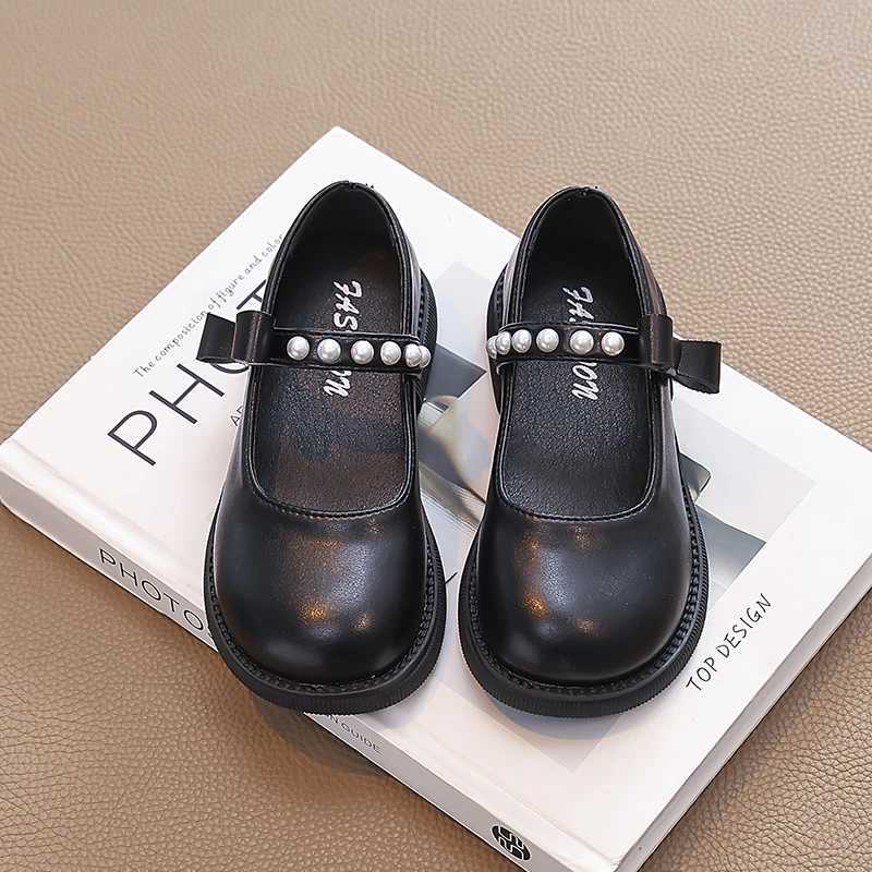 Beaded Strap Leather Shoes for Girls 2025 New Autumn Toddler Dress Shoes with Bow Soft Sole Elegant Girls School Mary Jane FlatsT251101