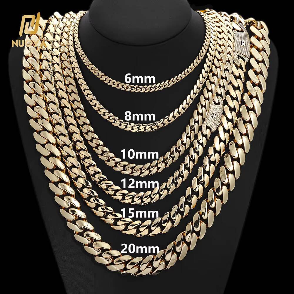 NUOYA 620mm Iced Diamond Clasp Flat Miami Cuban Link Chain 14K18k Gold Plated Thick Solid Cuban Link Chain Hip Hop Jewelry Men