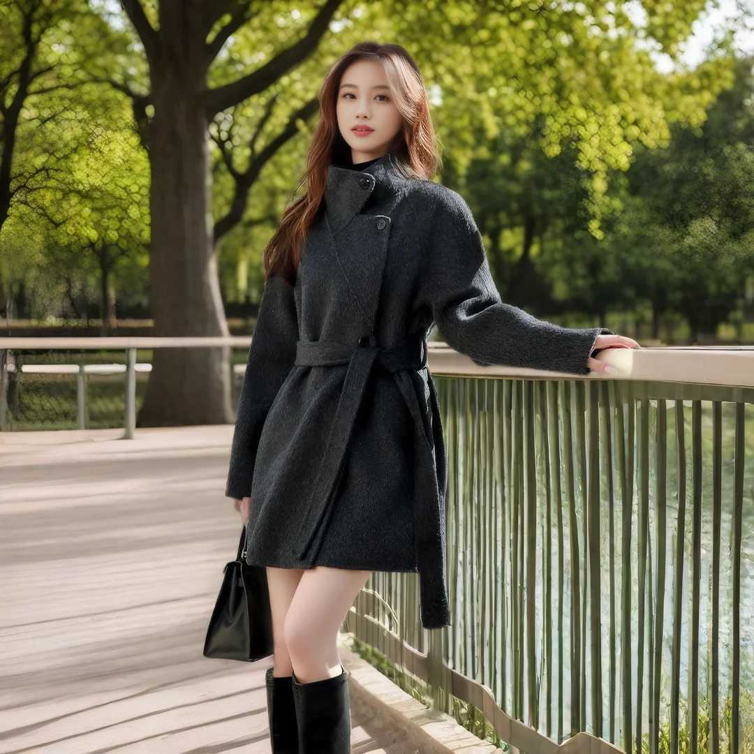 Stand Collar Laceup Coat 2024 New Autumn and Winter Highend Advanced Korean Style Woolen Coat Feminine for WomenT251101