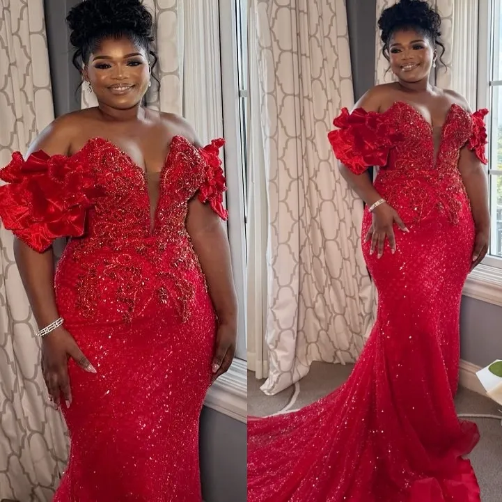 Red Mermaid Plus Size Prom Dresses 2025 Florals Sequined Sweetheart Evening Formal Party Second Birthday Engagement Gowns Dress For Special Occasions