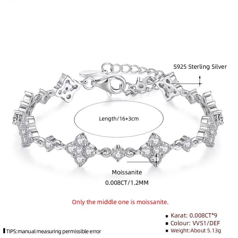 XRZ020 925 Sterling Silver Luxury Fashion Bracelet for Women 12mm Moissanite Moissanite Lucky Four Leaf Clover Fine Jewelry