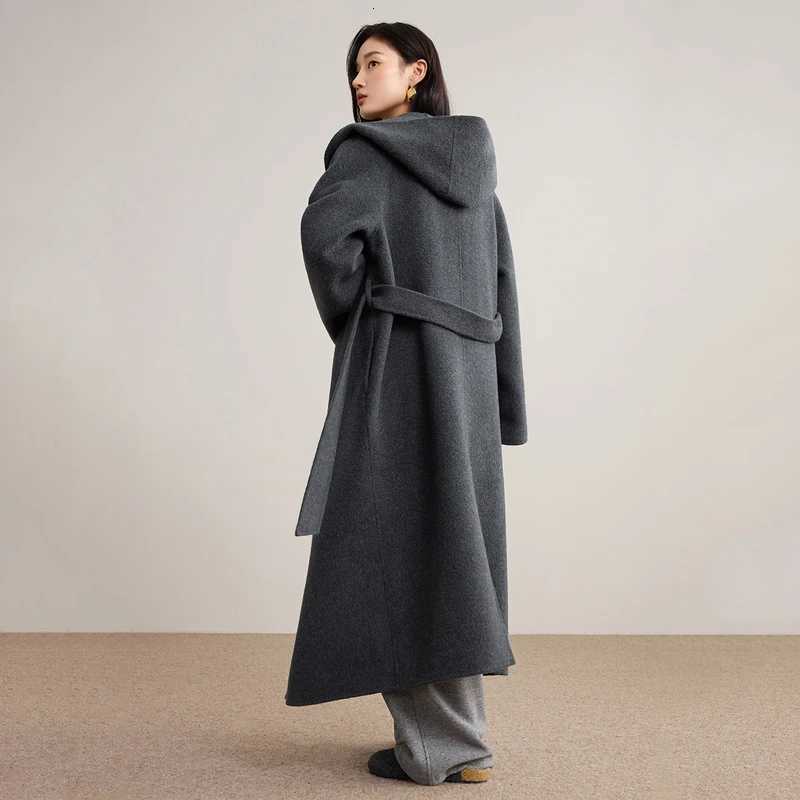 SENTUBILA Women 100 Wool Double Faced Coat 2025 Winter Hooded Long Bathrobe Style Coat Warm Dropped Shoulder Overcoat W54OC2736T251101