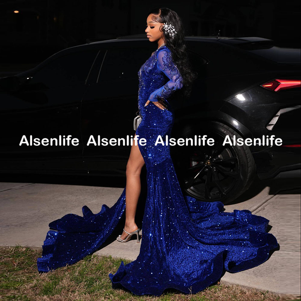 Shinny Royal Blue Prom Dresses Mermaid 2025 Sheer Long Sleeves Slit Evening Dress Crystal Red Carpet Runway Party Dress Customized
