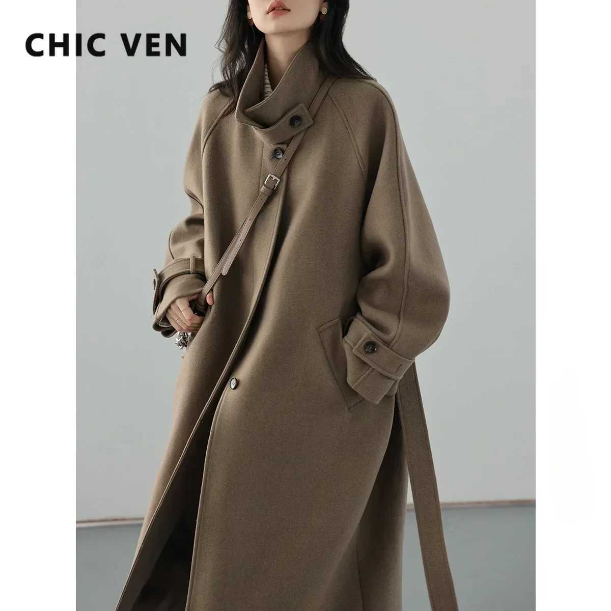 CHIC VEN Womens Long Trencn Coat Standing Belt Lace Up Woolen Coat Raglan Sleeves Long Overcoat Office Lady Autumn Winter 2024T251101