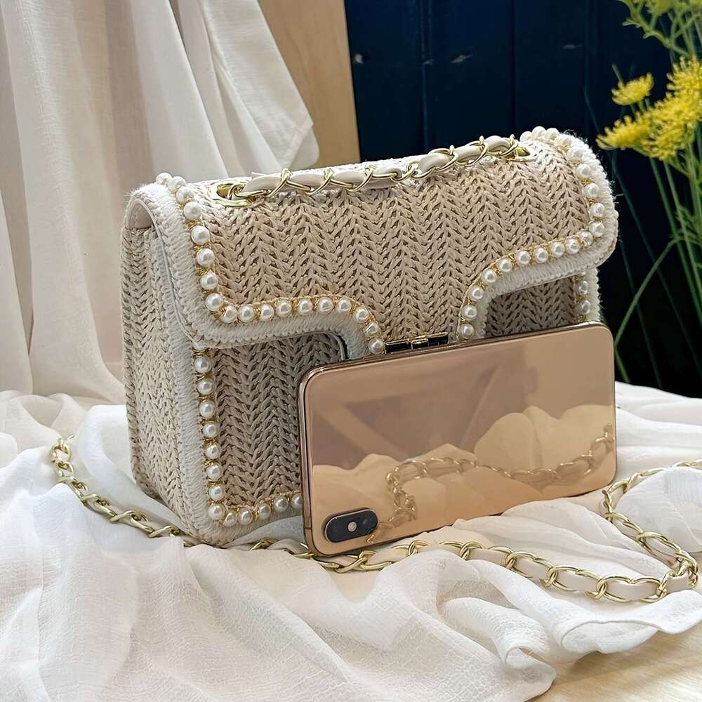 Women'S Chic Woven Straw Shoulder Bag with Pearl Accents, Fashionable Chain Crossbody Purse, Versatile Solid Color, Leather ed, Turn-lock Closure