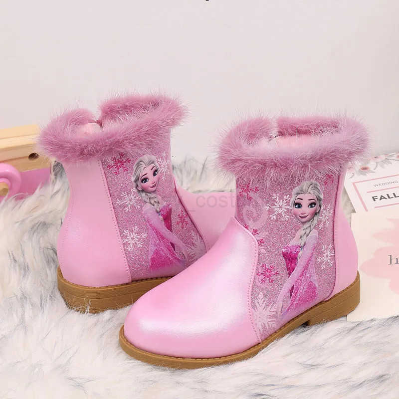 Disney Girls Boots Winter Fashion Frozen Elsa Princess Childrens Short Girls Cotton Fur Ankle Boots Girls Pink Shoes Size 25 H251101