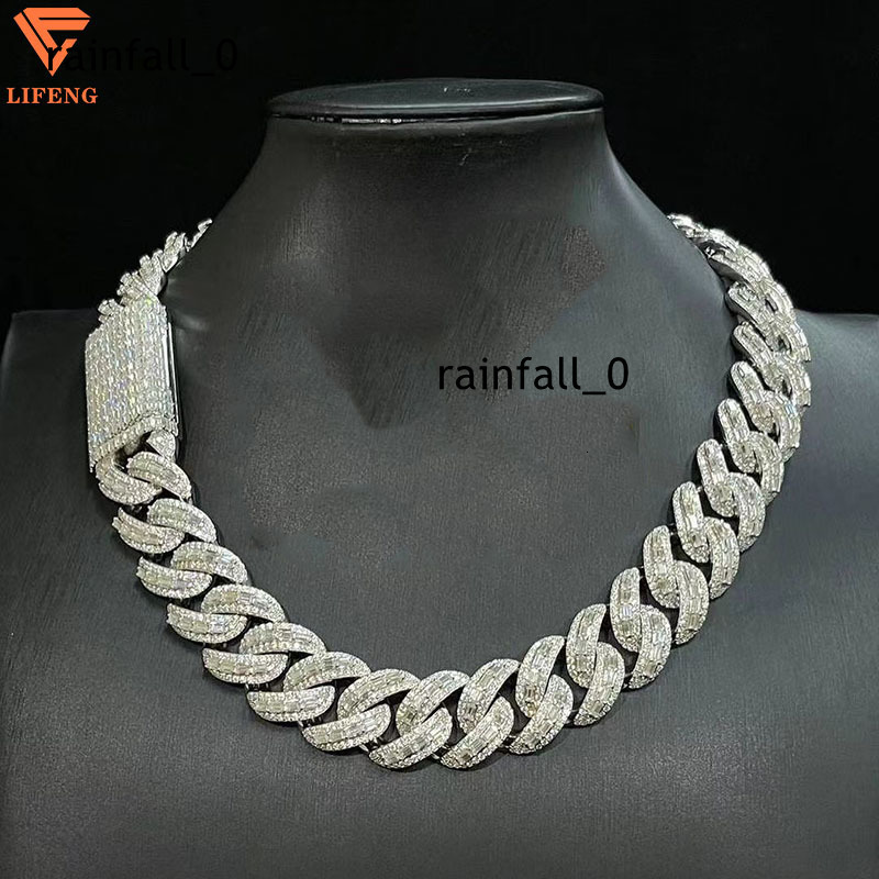 Baguette Moissanite 18mm Necklace Fine Jewelry VVS Iced Out Moissanite Pass Diamond Test 925 Silver Hip Hop Cuban Link Chain