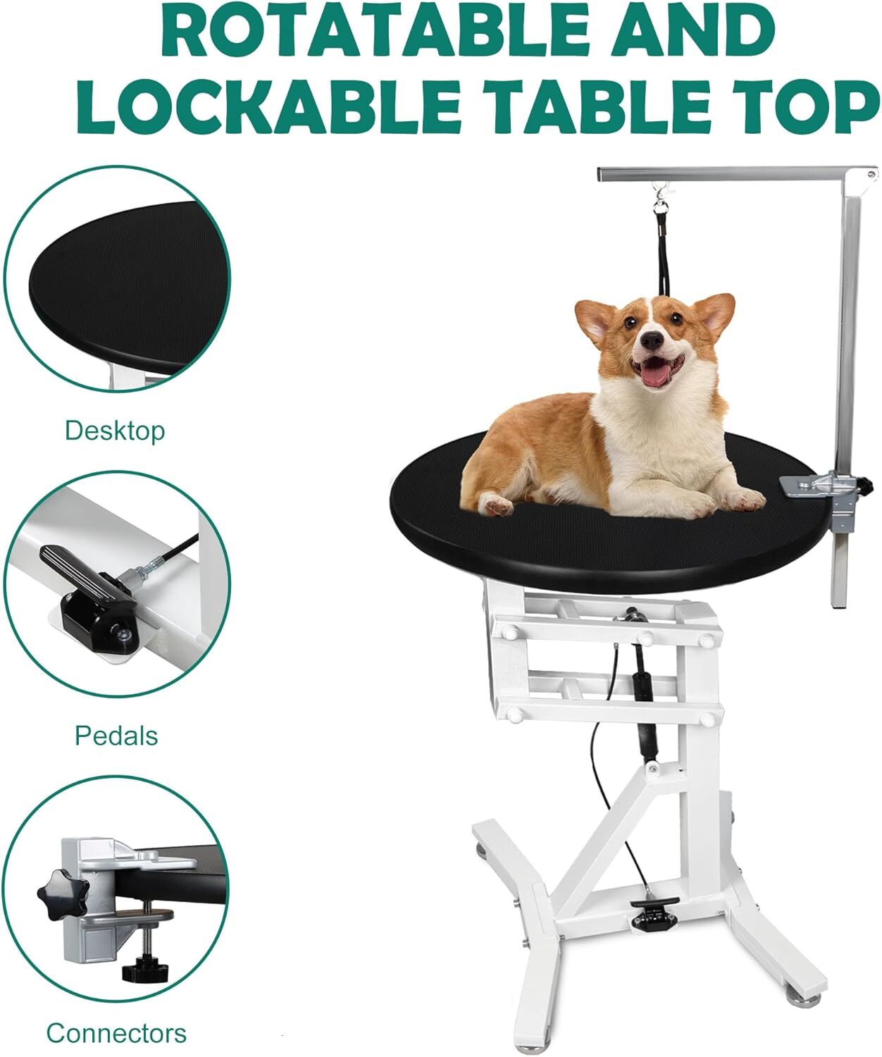 DiDiBirDi 23 inch (approximately 58.6 cm) pet grooming table, pneumatic lift dog trimming station, with anti slip rubber circular rotatable tabletop, 