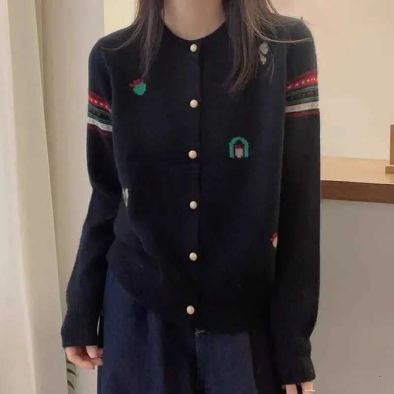 2025 Women Fashion Long Sleeves Knitted Coat Autumn Lady Casual Embroidery Sweater Jacket Korean Female Round Neck Knit CardiganT251101