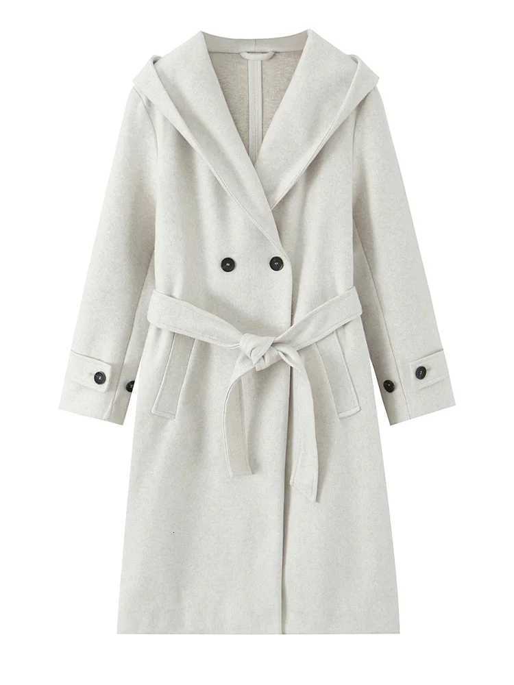 HH Women Fashion Pockets Belt Doublebreasted Hooded Long Coat Autumn Winter Female Temperament Long Sleeve Streetwear JacketT251101