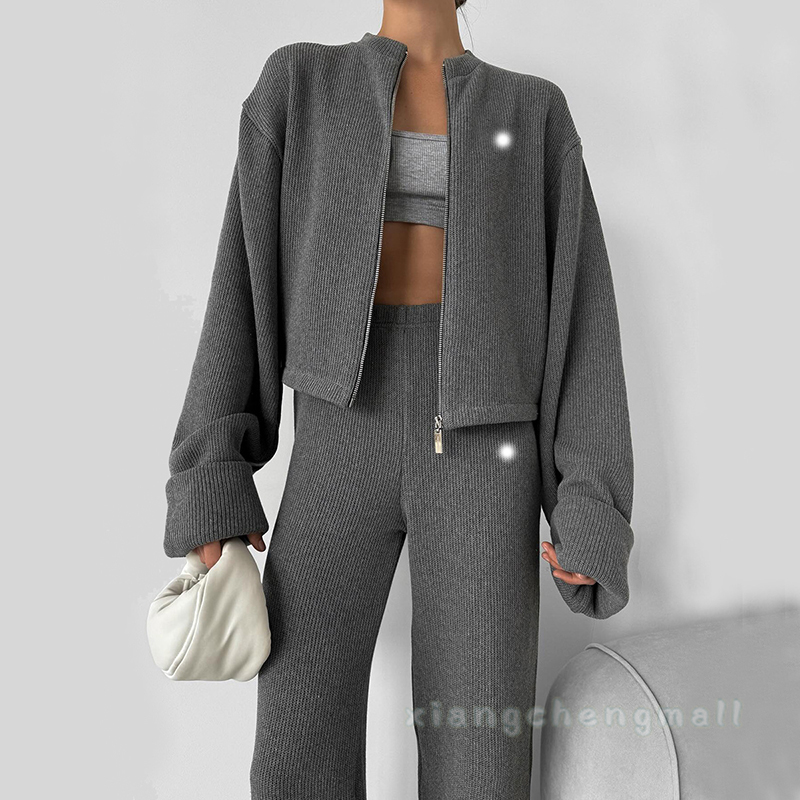 Yoga Set Knitted Sweater Two Piece Women Sweater Outfit Suits Autumn Winter Zipper Jacket Trousers Casual Suit Knitted Pullover Wide Leg Pants Gym Tracksuit