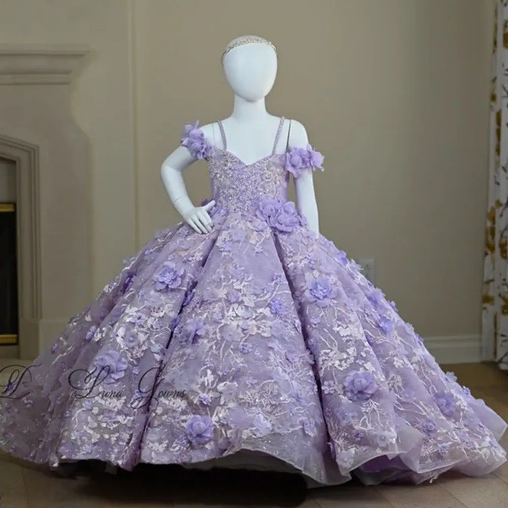 Princess Lanvender Flower Girls Dresses For Weddings 3D Floral Lace Appliques Birthday Party Kids Formal Wear Off The Shoulder Long Pageant Dress G12