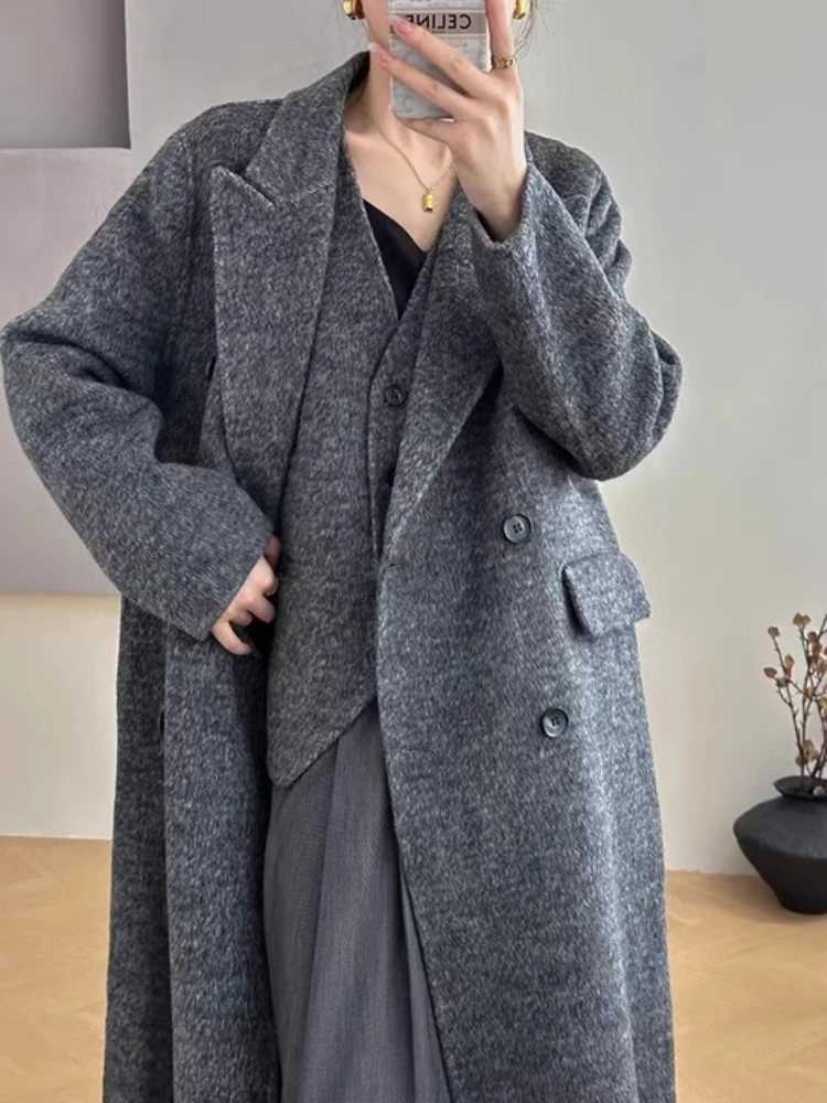 Double Sided Woolen Coat Korean 2Piece Set New High Quality Long Blazer JacketVest Fashion Loose Office Suit Wool Coats WomenT251101
