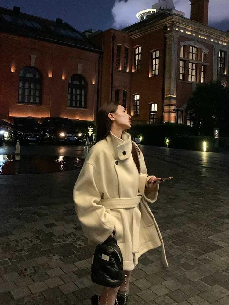 MiiiiX Casual Stand Collar Loose Woolen Coat Midlength Versatile Jacket Laceup Waist Outerwear 2024 Autumn Womens ClothesT251101