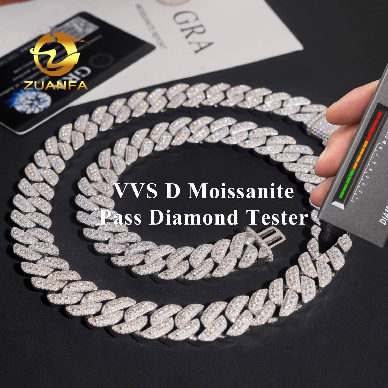Source Factory 15mm Moissanite Chain Cuban Links Prong Chain Pass Diamond Tester 925 Silver Cuban Link Chain Necklace