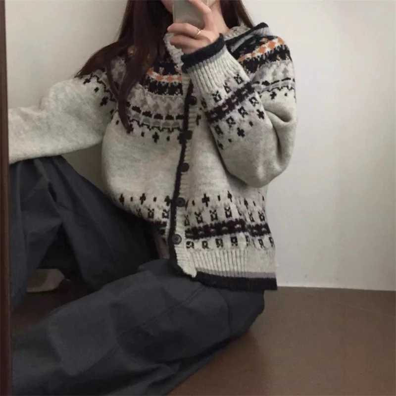 Autumn Winter Retro Jacquard Hooded Cardigan for Women Y2K Street Knitted Sweater Cardigan Fashion Warm Knitting Hoodies JacketT251101