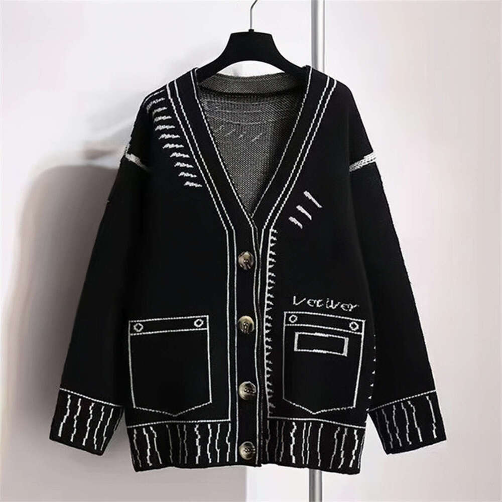 2025 Spring Autumn New Loose Lazy Style Sweater for Women with Pockets in Black and White Oversized Knitted Cardigan Jacket
